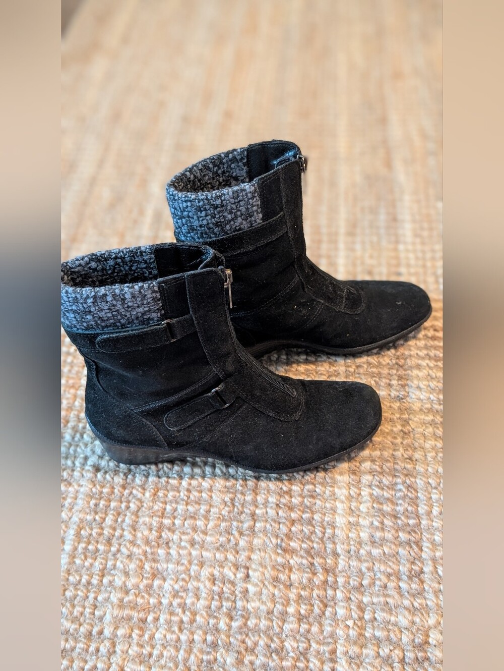 Aquatalia Black Suede Ankle Boots with Gray Knit Cuff